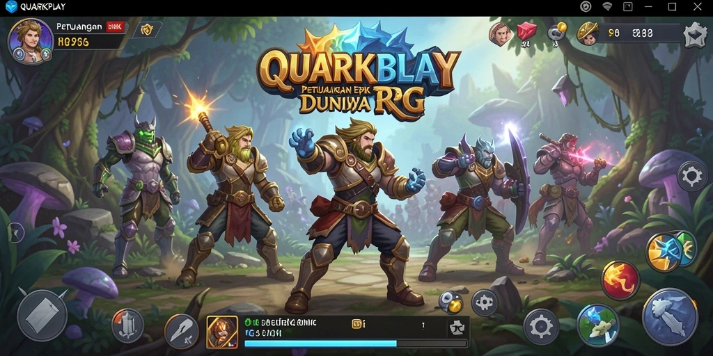 Screenshot utama QUARKPLAY menampilkan pertarungan seru dalam dunia RPG.