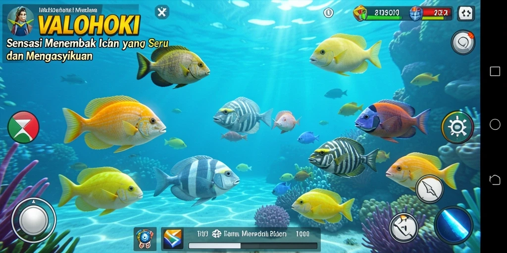 Tampak menampilkan gameplay seru menembak ikan di laut.
